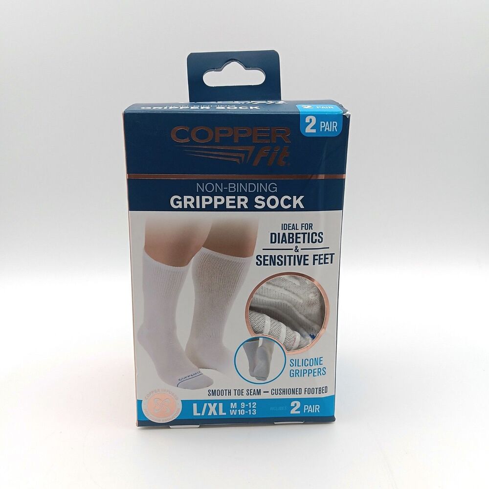 Copper Fit Gripper Socks 2 Pair Unisex L/XL White Crew Cushioned Diabetic Wide